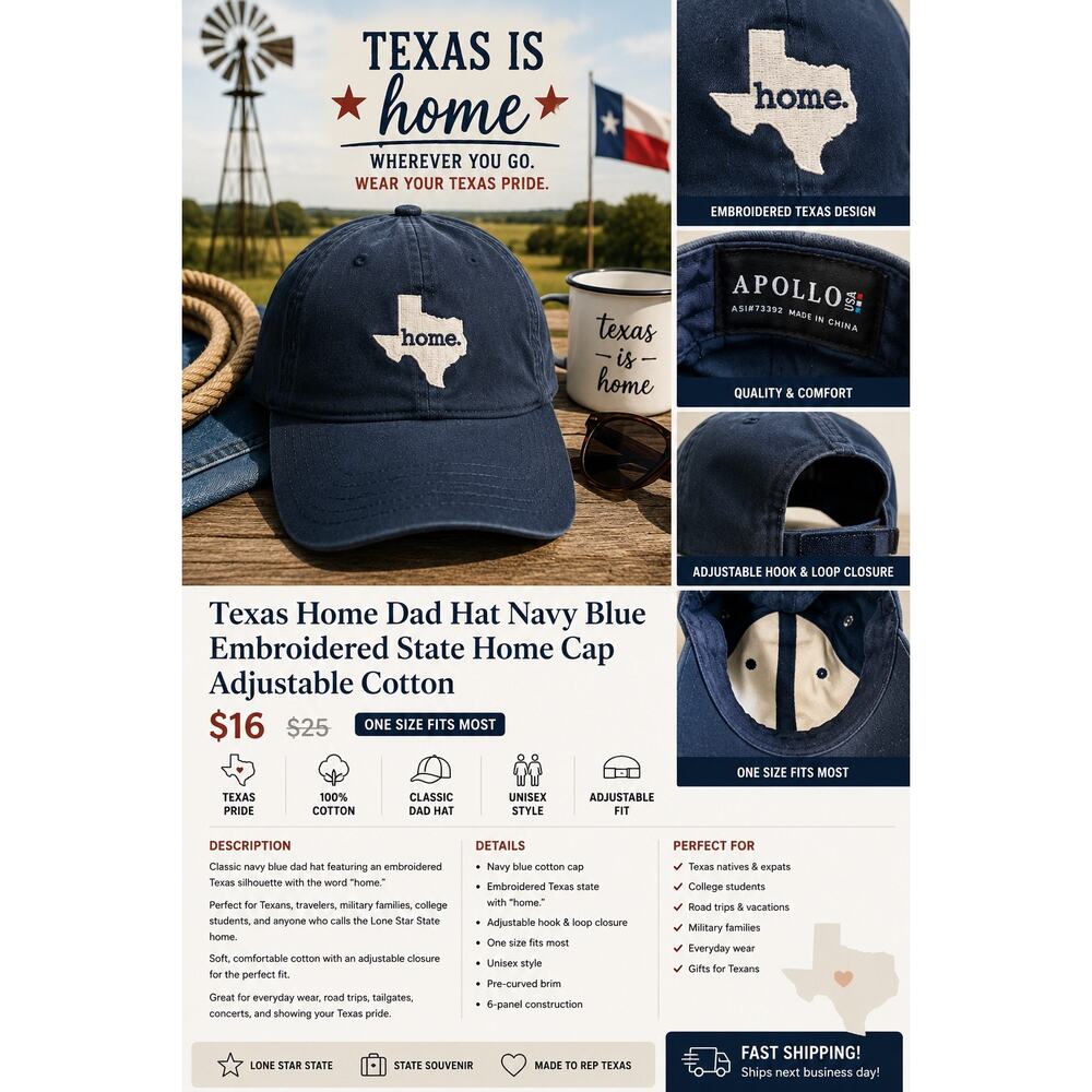 Texas Home Dad Baseball Navy Blue Embroidered State Home Cap Adjustable Cotton